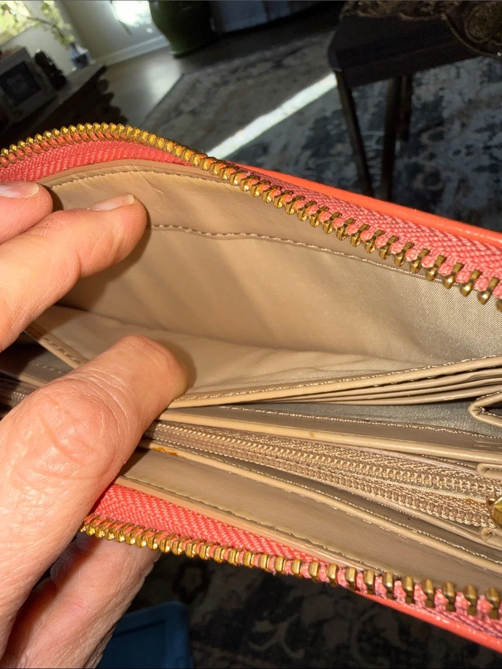 Coach Coral Zip-Around Leather Wallet with Gold Logo